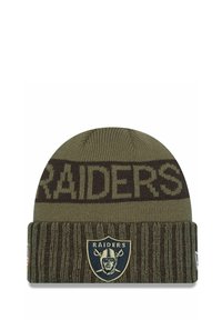 Grüne Strickmütze mit gerippter Textur. "RAIDERS" ist in Braun auf dem Schirm eingewebt und verfügt über ein aufgesticktes Teamlogo auf der Vorderseite.