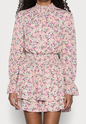 Robe florale en rose doux avec une jupe courte à volants et des manches longues. Dotée d'un col smocké et de motifs de fleurs délicats.