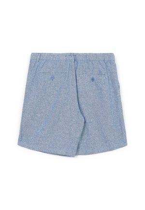 Pantaloncini azzurri realizzati in tessuto strutturato, con vita regolabile a coulisse, due tasche posteriori con bottoni e taglio dritto.