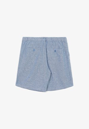 Pantaloncini azzurri realizzati in tessuto strutturato, con vita regolabile a coulisse, due tasche posteriori con bottoni e taglio dritto.