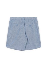 Helleblaue Shorts aus strukturiertem Stoff, mit einem Kordelzugbund, zwei Gesäßtaschen mit Knöpfen und einer lässigen Passform.