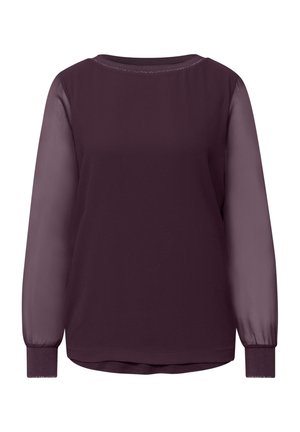 Dark purple long-sleeve top with a solid body and sheer sleeves, featuring a round neckline and fitted cuffs. Smooth texture throughout.