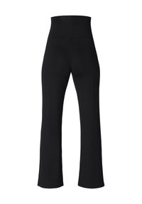 Schwarze, hoch geschnittene Hosen aus Stretchstoff mit glatter Textur, ausgestellten Beinen und ohne sichtbare Beschläge oder Akzente.