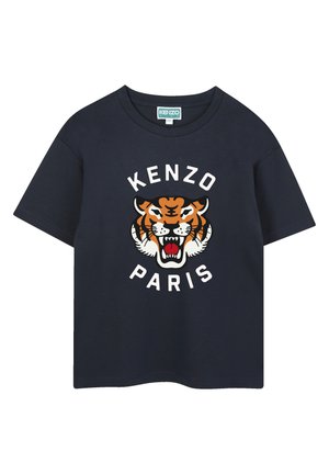 T-shirt en coton bleu marine avec un grand graphisme de tigre multicolore et le texte "KENZO PARIS" en blanc. Manches courtes et col ras du cou.