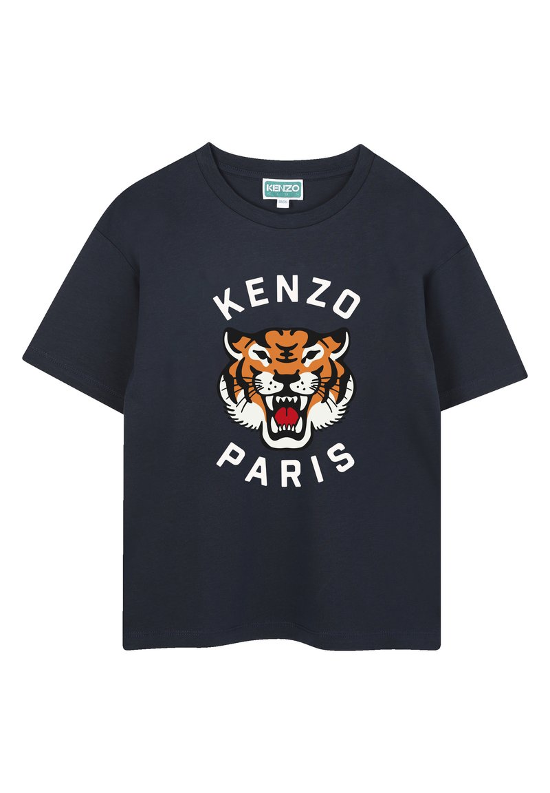 Marineblauwe katoenen T-shirt met een grote, veelkleurige tijgerafbeelding en de tekst "KENZO PARIS" in het wit. Korte mouwen en een ronde hals.