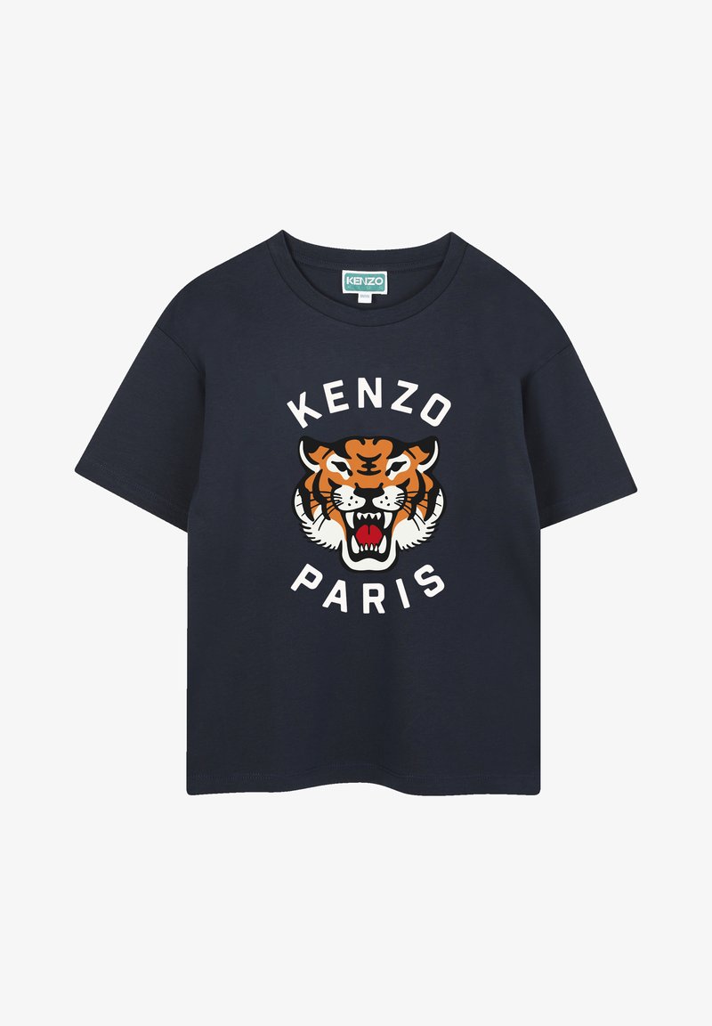 T-shirt in cotone blu navy con una grande grafica di una tigre multicolore e testo "KENZO PARIS" in bianco. Design a maniche corte e collo rotondo.