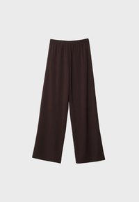 Weit geschnittene Hose aus dunkelbraunem Stoff mit einem elastischen Bund und glatter Textur. Schlichtes Design ohne sichtbare Muster oder Beschläge.