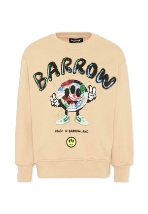 Felpa beige con volto cartoon colorato che indossa sneakers, mostra il segno della pace, testo "BARROW" sopra, e "Made in Barrowland" sotto.