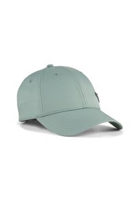 Jasnozielona czapka baseballowa z zakrzywionym daszkiem, usztywnioną konstrukcją, haftowanymi detalami i małym logo z boku. Gładka faktura.
