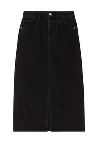 Jupe midi en denim noir avec une coupe droite, fente frontale, design à cinq poches et fermeture à bouton en métal à la taille. Texture lisse.