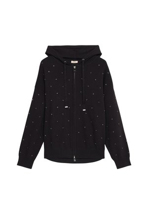 Schwarze Zip-Hoodie aus weichem Stoff, mit Kapuze, Fronttaschen und verstreuten metallischen Verzierungen auf der Oberfläche.