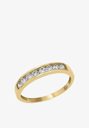 Gouden ring met een rij van acht ronde, heldere stenen in een gladde horizontale zetting; gepolijste afwerking en een gestructureerde binnenkant.