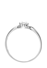 Sudraba gredzens ar gludu, pulētu joslu. Centrā ir apaļa dārgakmens, ko atbalsta četri naglas.