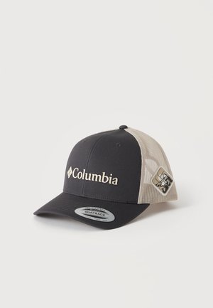 Cappellino snapback Columbia nero e beige con retro in mesh e toppa con logo davanti e sul lato, posato su uno sfondo chiaro e uniforme.