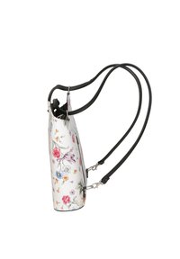 Geantă de umăr imprimată floral, cu un exterior din imitație de piele albă și curele ajustabile negre, având accesorii din metal argintiu și un design elegant.