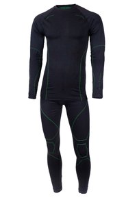 Schwarzes thermisches Baselayer-Set mit langen Ärmeln und Leggings mit kontrastierenden grünen Nähten. Hergestellt aus dehnbarem, strukturiertem Material.