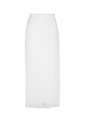 White high-waisted, ankle-length pleated skirt with a slit at the front center.