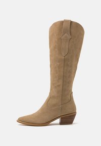 Hellbraune Wildleder-Cowboystiefel mit spitzer Zehenform, mittelhohem Schaft und dekorativer Stickerei an den Seiten. Sie verfügen über einen gestapelten Holzabsatz.