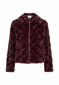 Giacca in pelliccia sintetica bordeaux con collo, zip frontale e motivo testurizzato. Presenta maniche lunghe e un design corto.