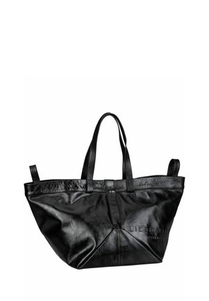 Schwarze Leder-Handtasche mit einem eleganten Design, das eine strukturierte Oberfläche, zwei Griffe und den aufgedruckten Markennamen an der Seite aufweist.