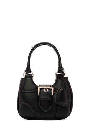 Borsa a tracolla in pelle nera con forma strutturata, accessori in oro, dettaglio con fibbia frontale e pochette mini rimovibile. Texture liscia.