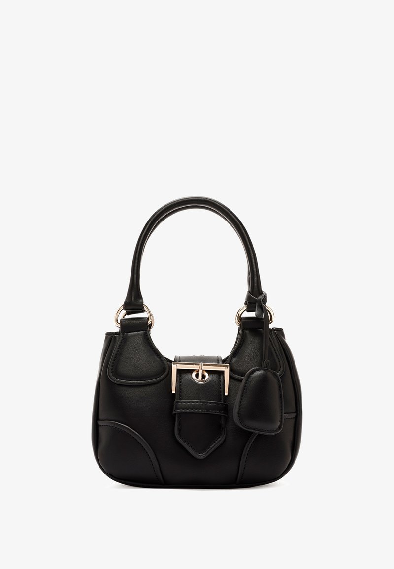 Czarna skórzana torebka o zdefiniowanym kształcie, z złotymi akcentami, z przodu z zapięciem oraz z odczepianą mini kieszonką. Gładka faktura.
