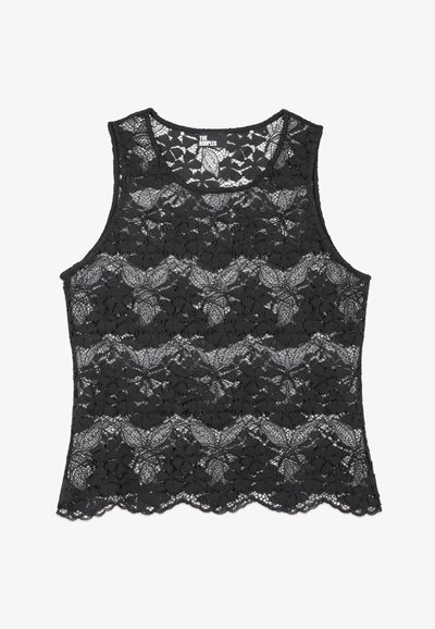 Svart blondertank topp med bølget kant. Har blomster- og geometriske mønstre, er ermeløs og har rund halsutskjæring. Laget av blanding av bomull.
