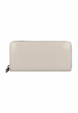 Light gray leather wallet with a smooth texture, zip closure, and embossed brand logo on the front. Slim rectangular design.