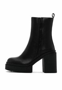 Black leather ankle boot with a rounded toe, side zipper, and chunky block heel. Features a platform sole with a textured edge.