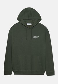 Felpa con cappuccio in cotone verde scuro con tasca a marsupio frontale. Presenta un cappuccio regolabile con coulisse e testo bianco "BALANCE" sul petto.
