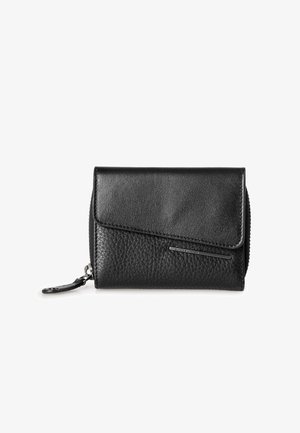 Black leather wallet with a textured finish, featuring a flap closure and a zip-around compartment. Includes a small metal zipper pull.