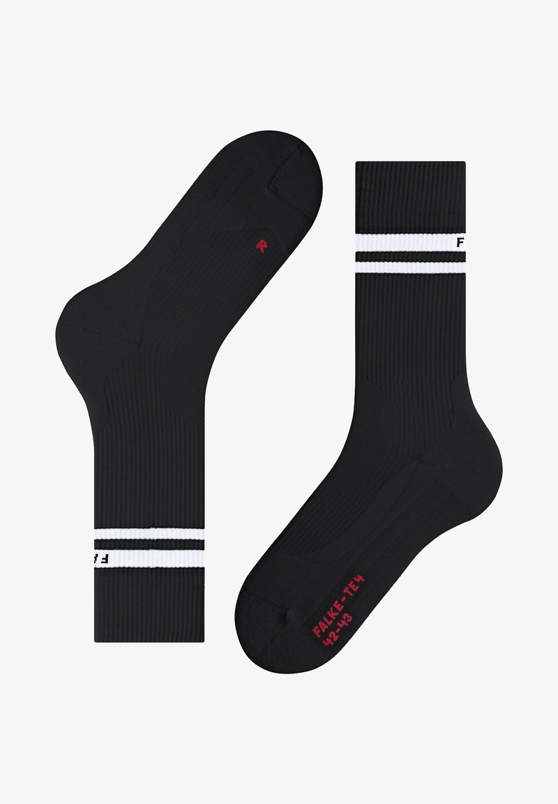Schwarze gerippte Socken mit zwei horizontalen weißen Streifen. Eine Socke zeigt ein rotes "R" und die andere hat "FALKE-TE4 42-43" in rot.