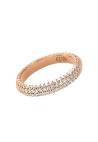 Rose gold ring featuring a row of sparkling clear stones set in a textured band with a continuous circular design.