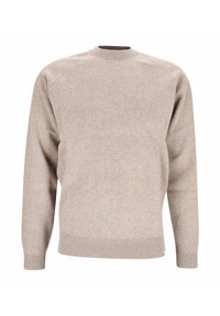 Beige Pullover aus strukturiertem Strickgewebe. Mit Rundhalsausschnitt, Raglanärmeln und gerippten Bündchen sowie Saum. Minimalistisches Design ohne Muster.
