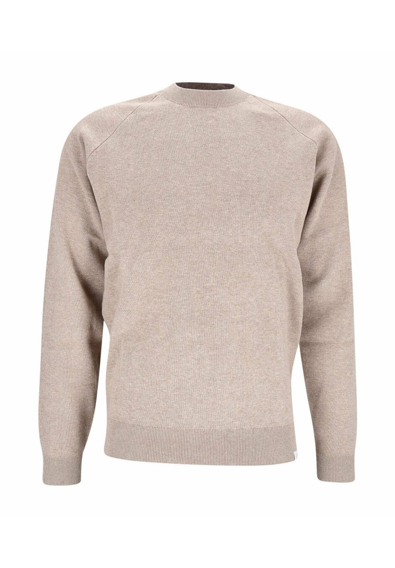 Beige Pullover aus strukturiertem Strickgewebe. Mit Rundhalsausschnitt, Raglanärmeln und gerippten Bündchen sowie Saum. Minimalistisches Design ohne Muster.