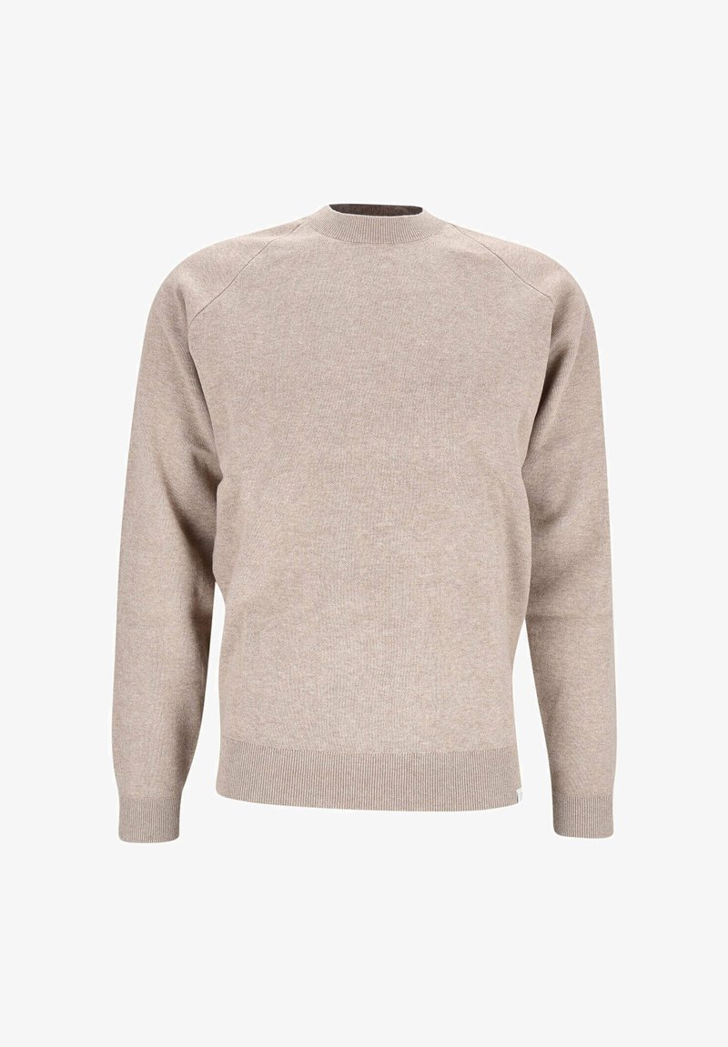 Beige Pullover aus strukturiertem Strickgewebe. Mit Rundhalsausschnitt, Raglanärmeln und gerippten Bündchen sowie Saum. Minimalistisches Design ohne Muster.