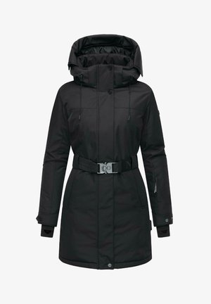 Black insulated coat with a high collar, detachable hood, adjustable belt, and zippered pockets. Features a smooth, textured fabric exterior.