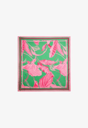 Rozā ziedu šalle ar lielām lapām, iestatīta uz zaļā fona. Rozā un zaļās apmalēs veido spilgtu kontrastu. Zīdains tekstūra.