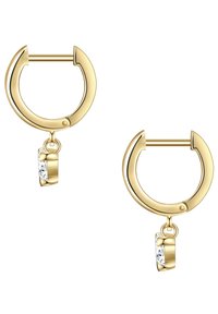 Zelta auskari ar gredzenveida dizainu, kuriem ir piekaramais kristāla aksesuārs. Gluda apdare ar pulētu tekstūru.