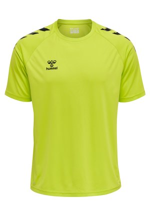 Neongrünes sportliches T-Shirt aus leichtem Material. Mit schwarzem Logo und Schulterstreifen. Kurzärmliges Design mit Rundhalsausschnitt.