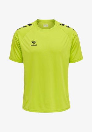Neon green athletic t-shirt made of lightweight fabric. Features black logo and shoulder stripes. Short sleeves and round neck design.