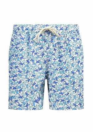 Heren zwemshorts met lichtblauw en donkerblauw krabpatroon en een witte trekkoordsluiting in de taille op een witte achtergrond.