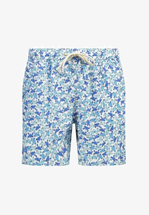 Heren zwemshorts met lichtblauw en donkerblauw krabpatroon en een witte trekkoordsluiting in de taille op een witte achtergrond.