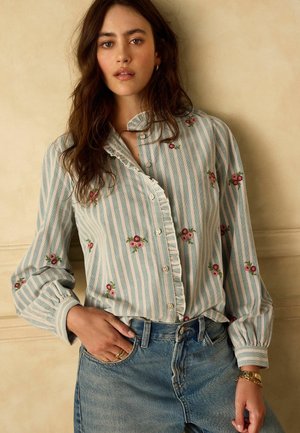 Next, PIECRUST RUFFLE FLORAL EMBROIDERED BLOUSE - Hemdbluse - blue corduroy stripe