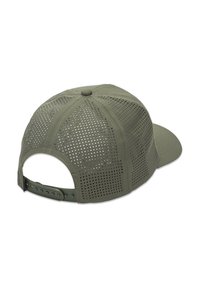 Perforated olive green cap with a curved brim and adjustable snapback closure; features a smooth texture and ventilated design.
