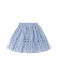 Gonna in tulle azzurro chiaro con volant a strati, caratterizzata da un motivo a pois e una vita arricciata per una vestibilità elastica.