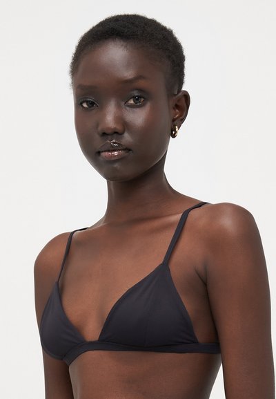 Black triangle bikini top with thin shoulder straps and a smooth fabric texture. Minimal design, seamless edges, no additional patterns or accents.