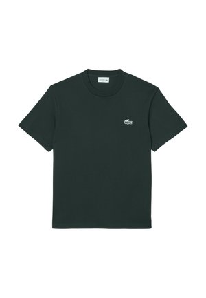 T-shirt di cotone verde scuro con scollatura a girocollo e maniche corte. Presenta un piccolo logo ricamato sul lato sinistro del petto.