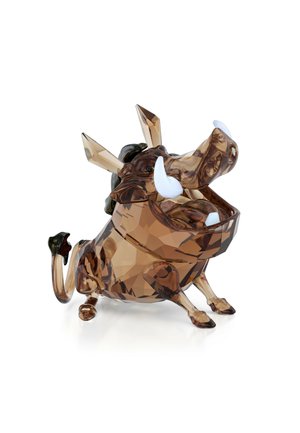 Crystal figurine of a boar in brown hues, featuring angular facets, white tusks, glossy black accents, and a dynamic, playful posture.