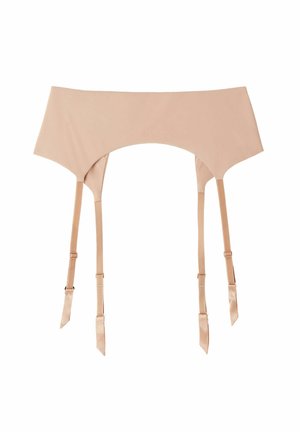 Ce porte-jarretelles beige est fabriqué en tissu lisse, avec quatre lanières en satin ajustables dotées de crochets, conçues pour attacher des bas.